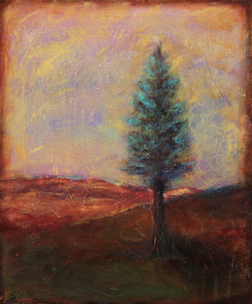 Painting of lone tree at dusk